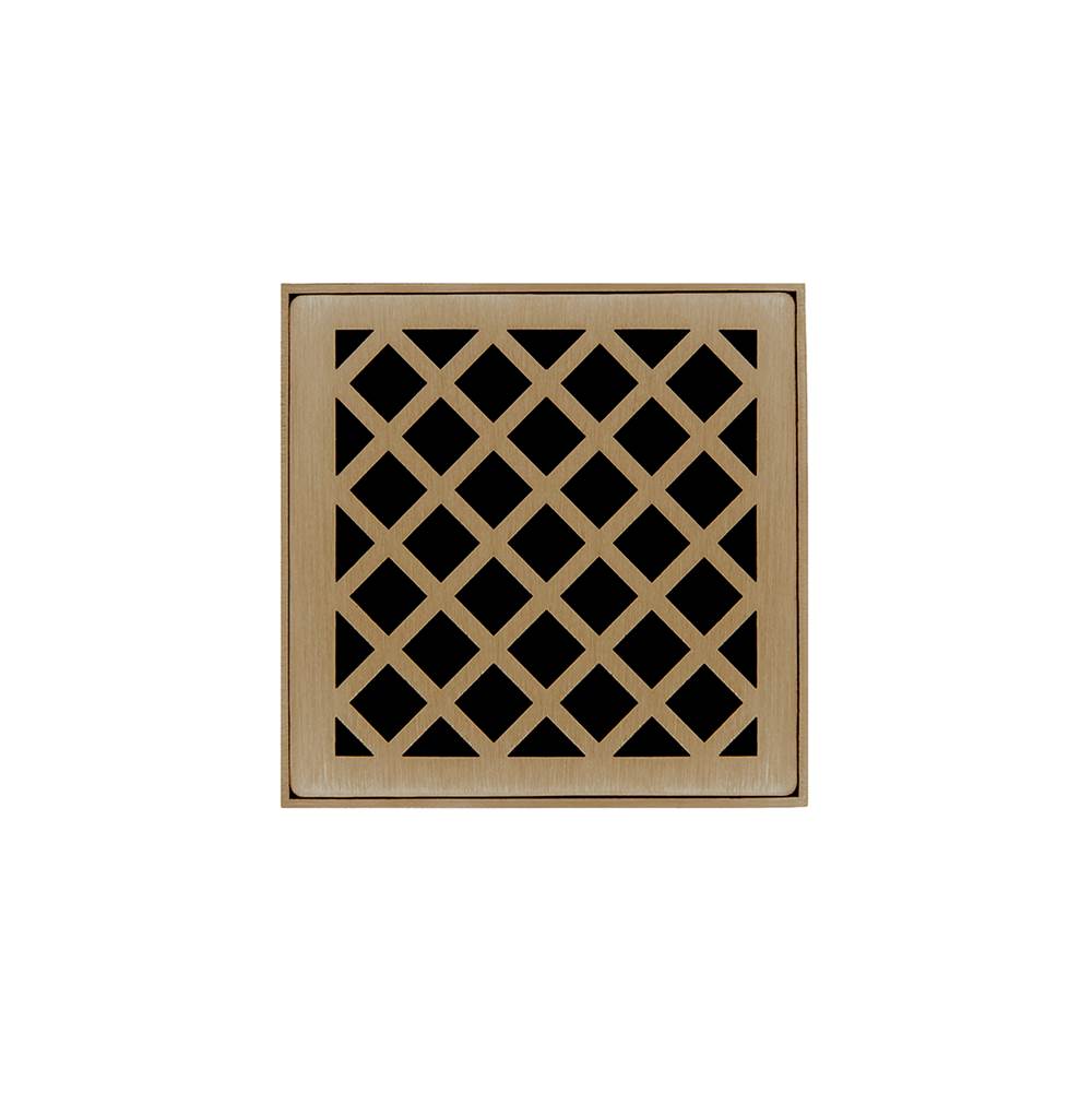 Infinity Drain 4'' x 4'' XD 4 Complete Kit with Criss-Cross Pattern Decorative Plate in Satin Bronze with ABS Drain Body, 2'' Outlet