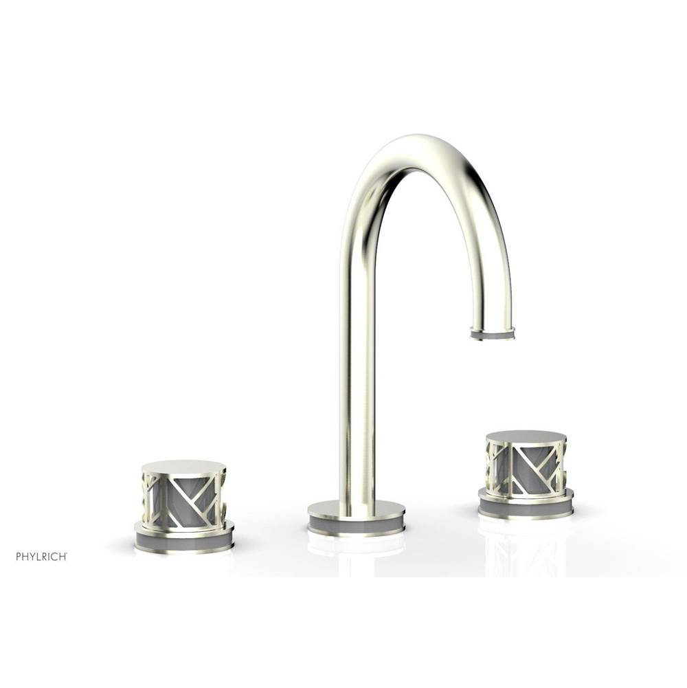 Phylrich Satin Gold Jolie Widespread Lavatory Faucet With Gooseneck Spout, Round Cutaway Handles, And Grey Accents - 1.2GPM