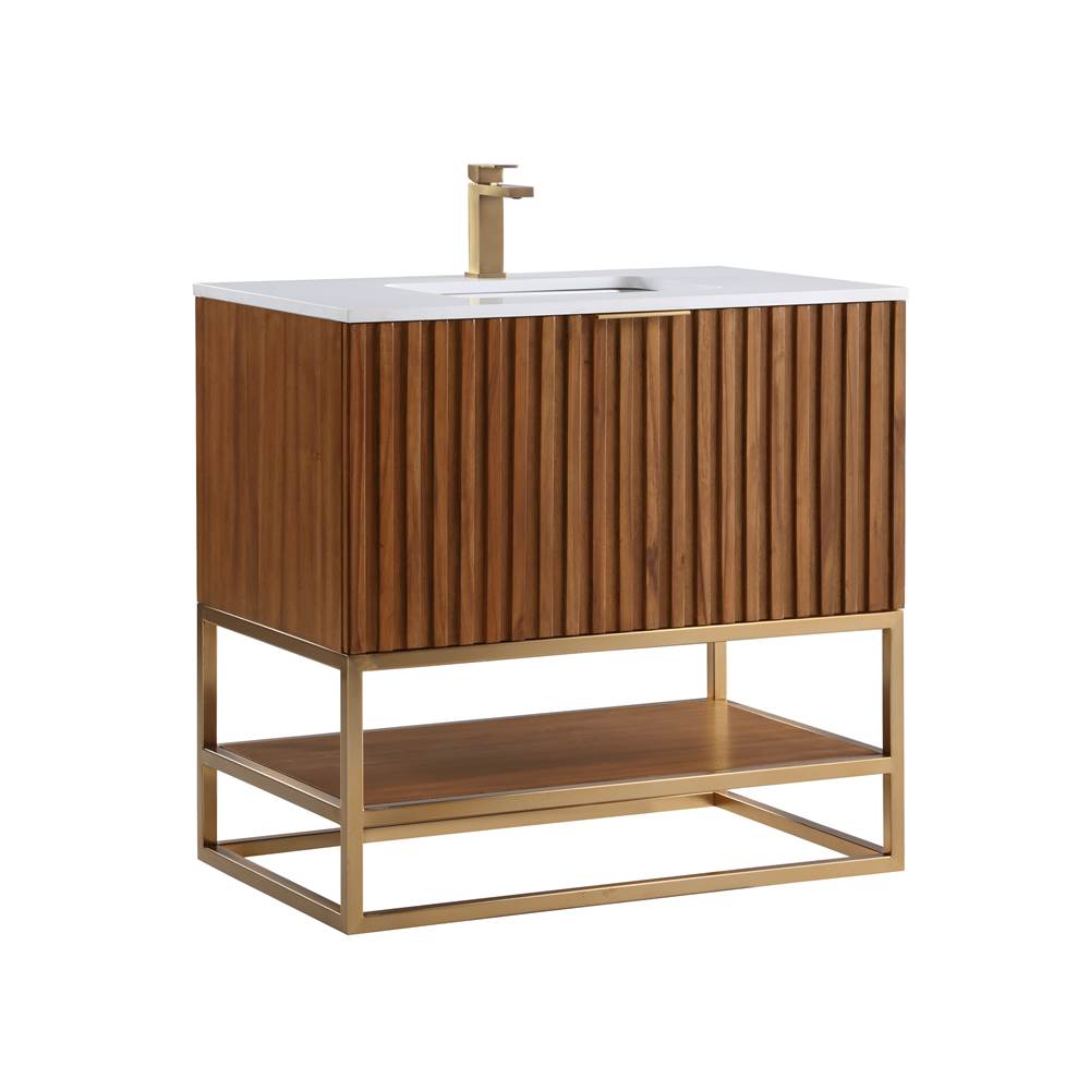 Bemma Design Terra 36'' Bathroom Vanity, Walnut and Satin Brass with White Granite top