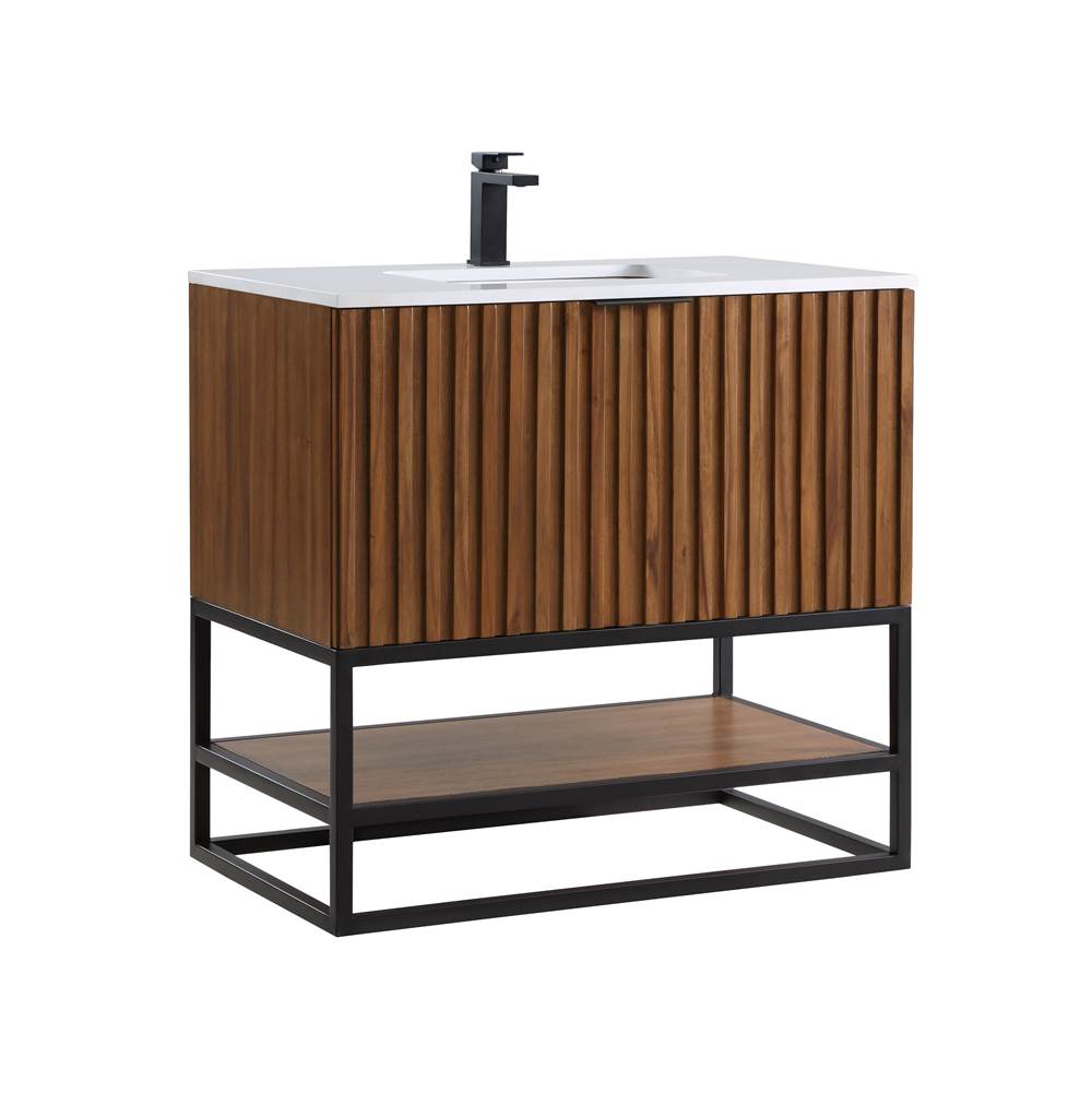 Bemma Design Terra 36'' Bathroom Vanity, Walnut and Matte Black with White Granite top