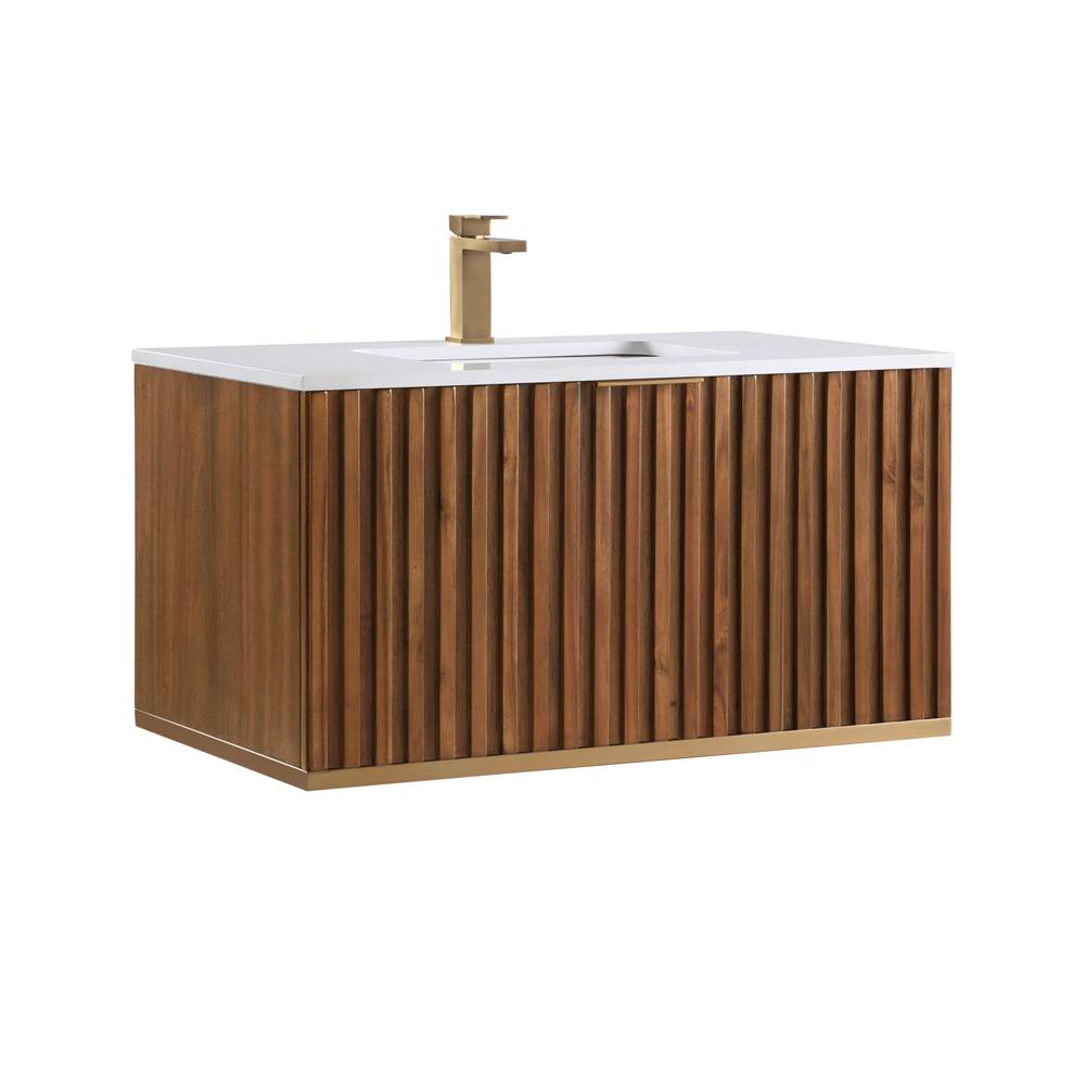 Bemma Design Terra 36'' Wallmount Bathroom Vanity, Walnut and Satin Brass with White Granite