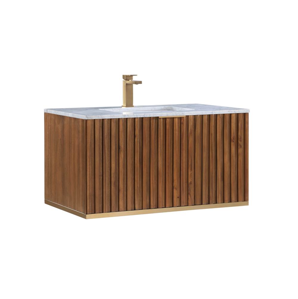 Bemma Design Terra 36'' Wallmount Bathroom Vanity, Walnut and Satin Brass with Carrara Marble
