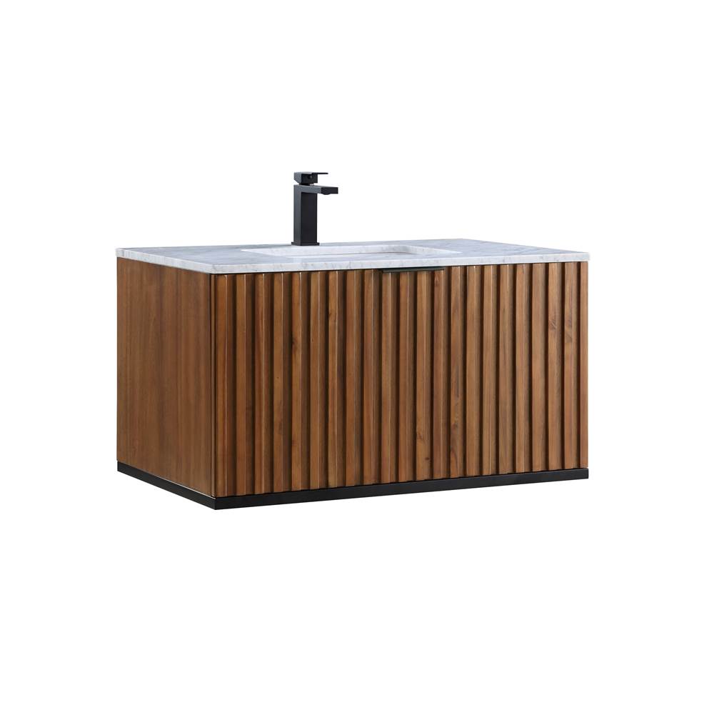 Bemma Design Terra 36'' Wallmount Bathroom Vanity, Walnut and Matte Black with Carrara Marble