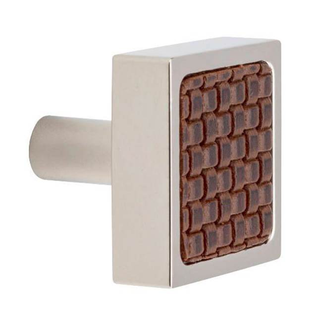 Colonial Bronze Leather Accented Square Cabinet Knob With Straight Post, Distressed Pewter x Woven Fudge Leather