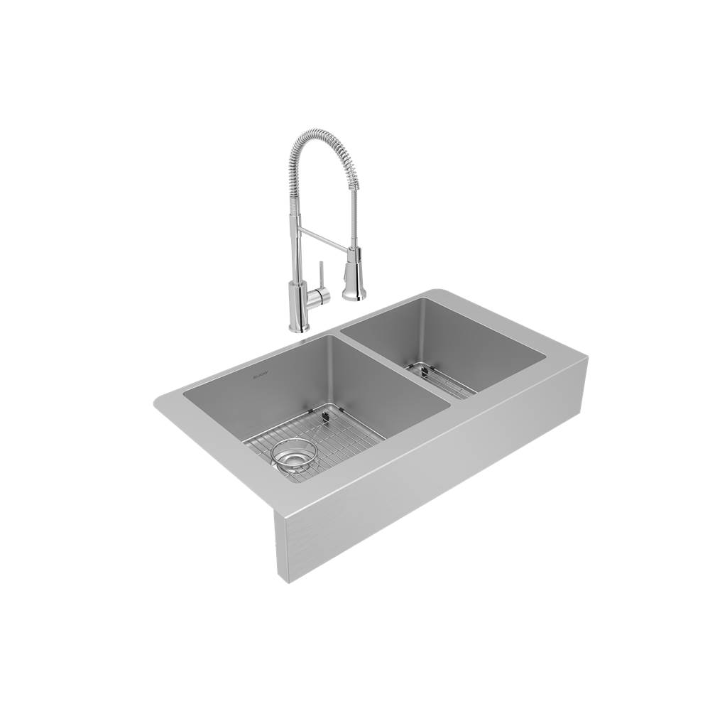 Elkay Crosstown 18 Gauge Stainless Steel 35-7/8'' x 20-1/4'' x 9'', 60/40 Double Bowl Farmhouse Sink and Faucet Kit with Bottom Grid and Drain