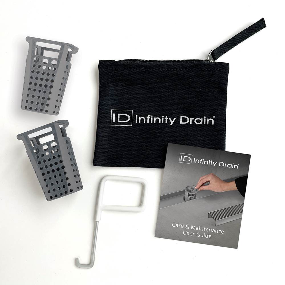 Infinity Drain Hair Maintenance Kit. Includes maintenance guide, AKEY Lift-out key, and (2) HB 32 Hair Baskets.