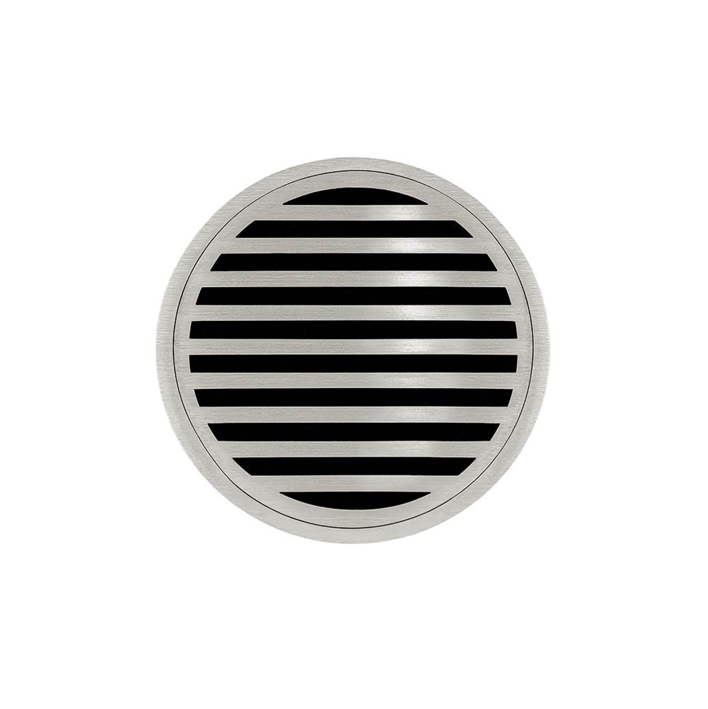 Infinity Drain 5'' Round RNDB 5 Complete Kit with Lines Pattern Decorative Plate in Satin Stainless with Stainless Steel Bonded Flange Drain Body, 2'' No Hub Outlet
