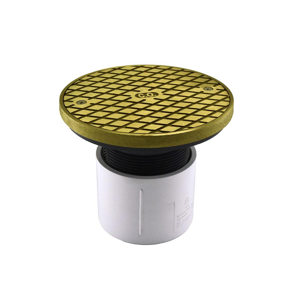 Jones Stephens 3'' PVC Over Pipe Fit Base Cleanout with 3'' Plastic Spud and 6'' Polished Brass Cover with Ring