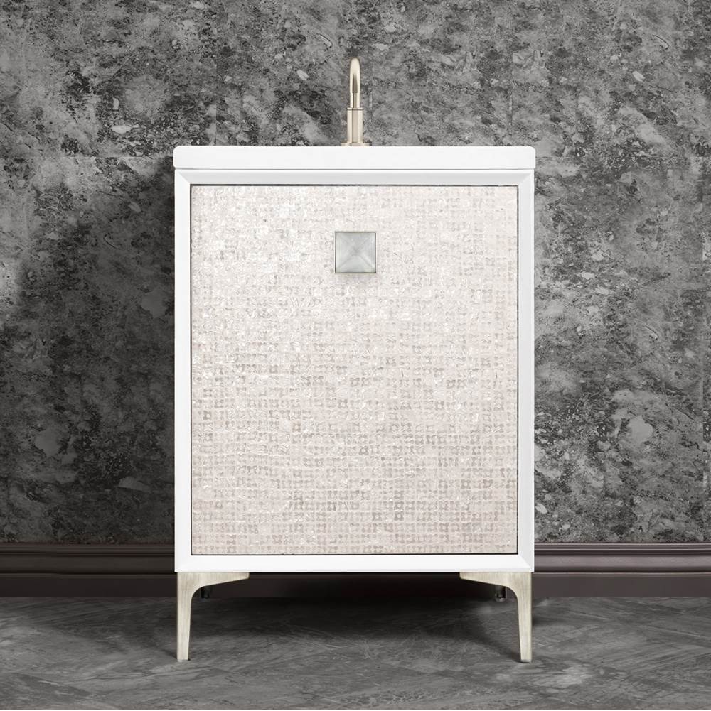 Linkasink MOTHER OF PEARL with 3'' Artisan Glass Prism Hardware 24'' Wide Vanity, White, Satin Nickel Hardware, 24'' x 22'' x 33.5'' (without vanity top)