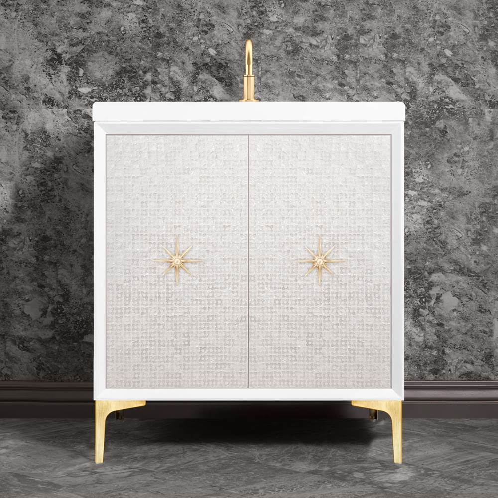 Linkasink Mother of Pearl with 3'' Satin Brass Star Hardware, 30'' Wide Vanity, White, 30'' x 22'' x 33.5'' (without vanity top)