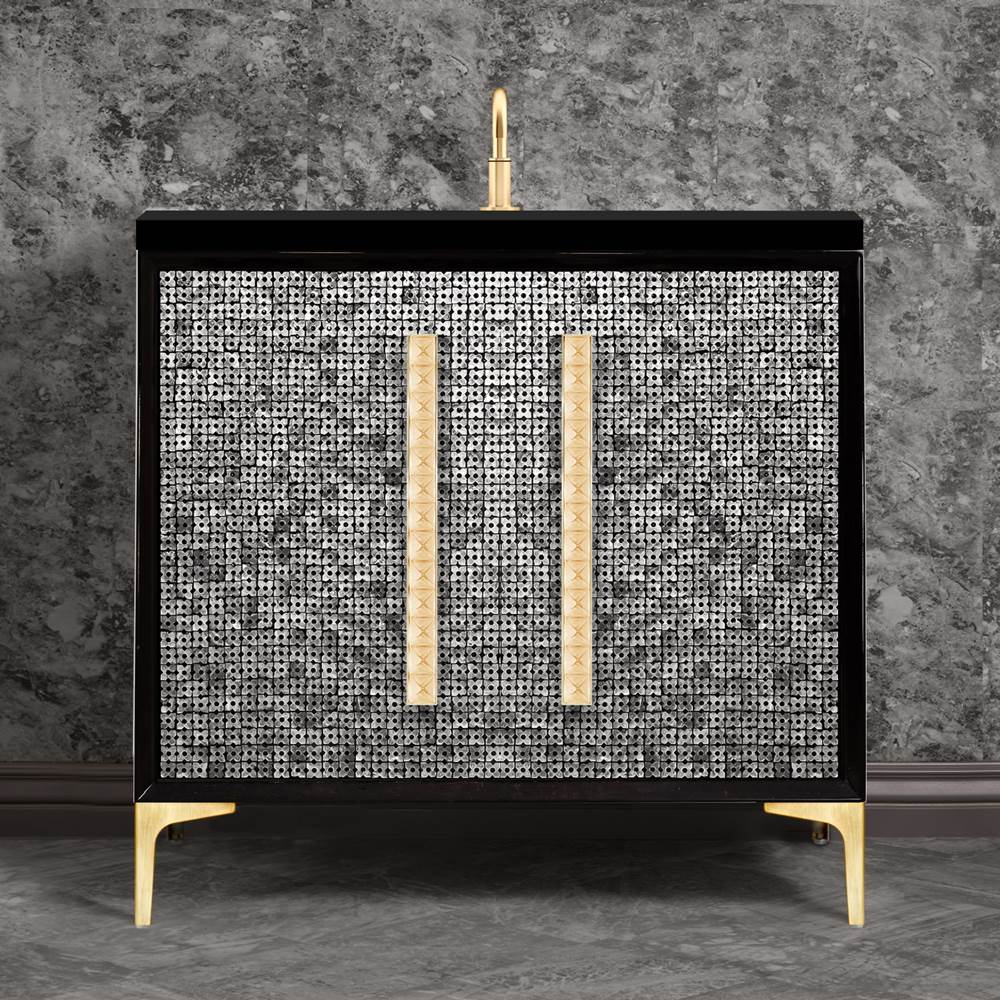 Linkasink MOTHER OF PEARL with 18'' Artisan Glass Pyramid Hardware 36'' Wide Vanity, Black, Satin Brass Hardware, 36'' x 22'' x 33.5'' (without vanity top)