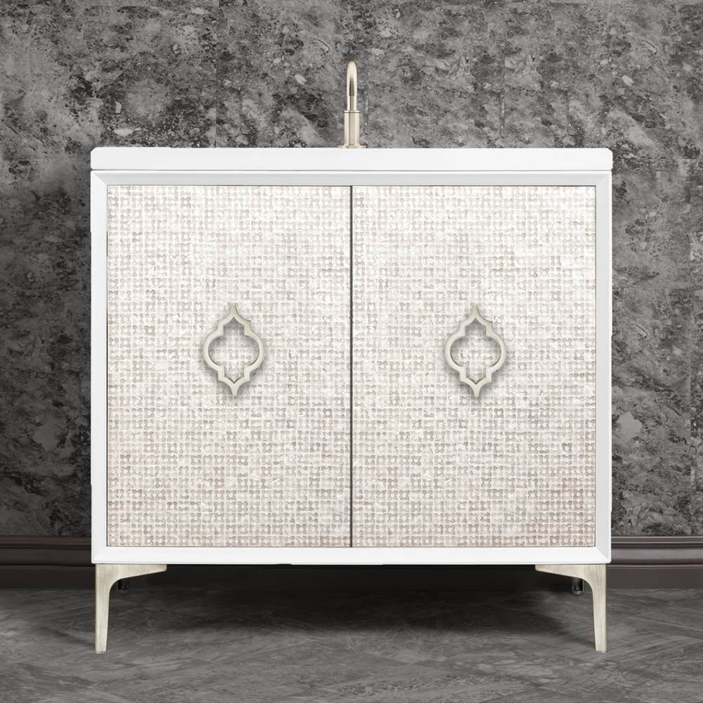 Linkasink Mother of Pearl 36'' Wide White Vanity with Satin Nickel Arabesque Pull and Hardware