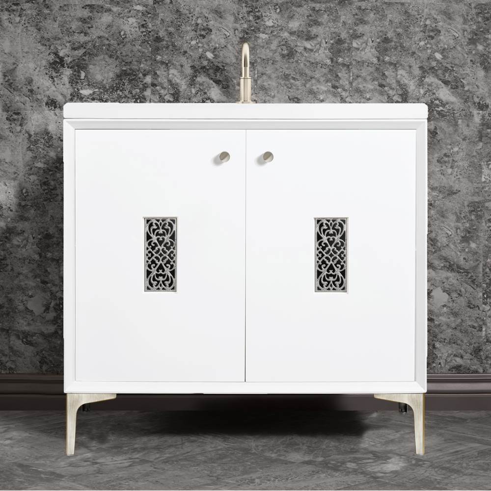 Linkasink Frame 36'' Wide White Vanity with Satin Nickel Filigree Grate and Legs