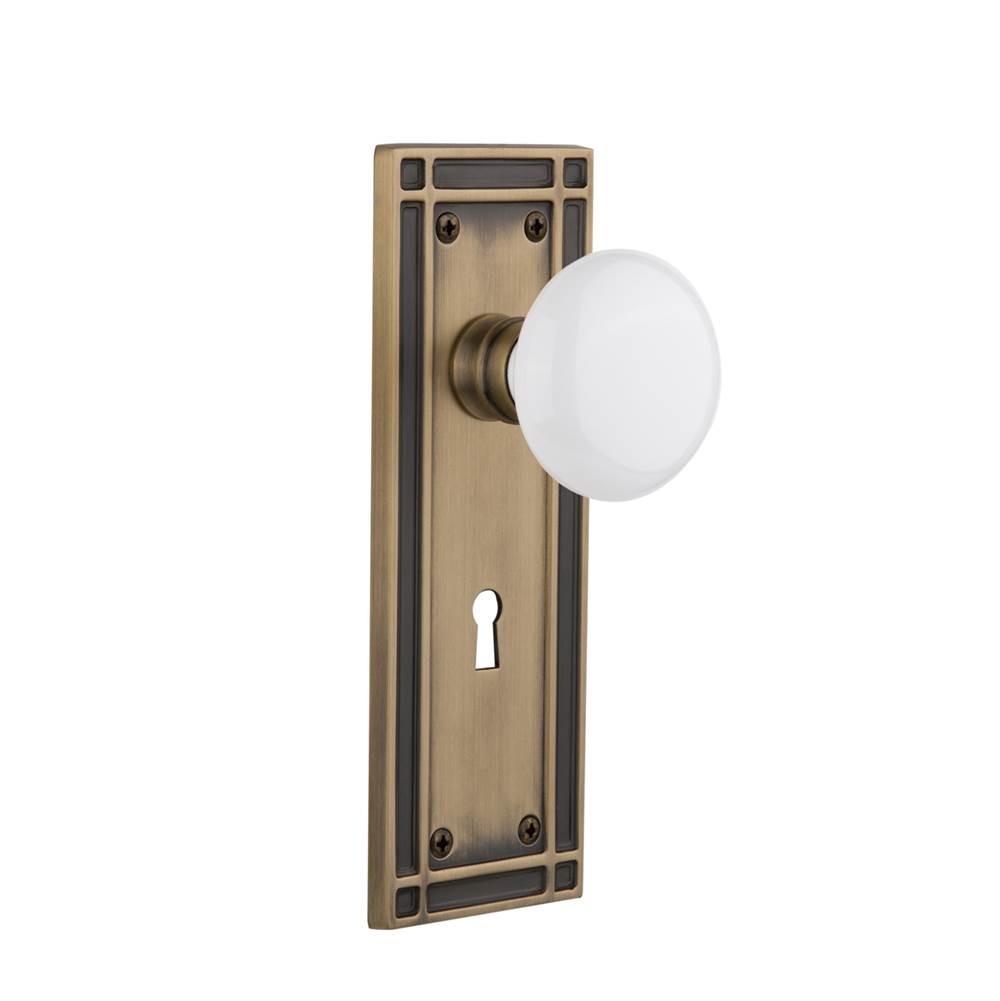 Nostalgic Warehouse Nostalgic Warehouse Mission Plate with Keyhole Privacy White Porcelain Door Knob in Antique Brass