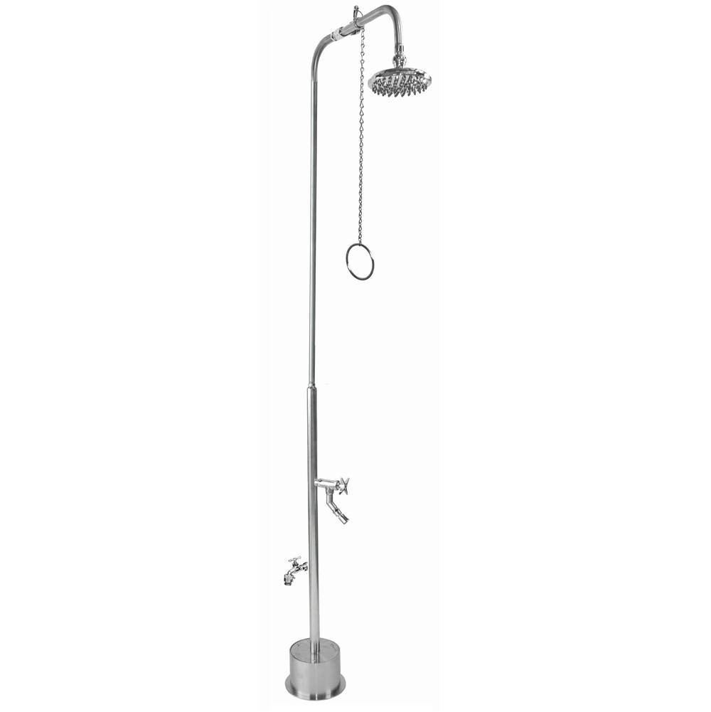 Outdoor Shower Free Standing Single Supply Shower - Pull Chain Valve, 8'' Shower Head, Hose Bibb, Cross Handle Foot Shower