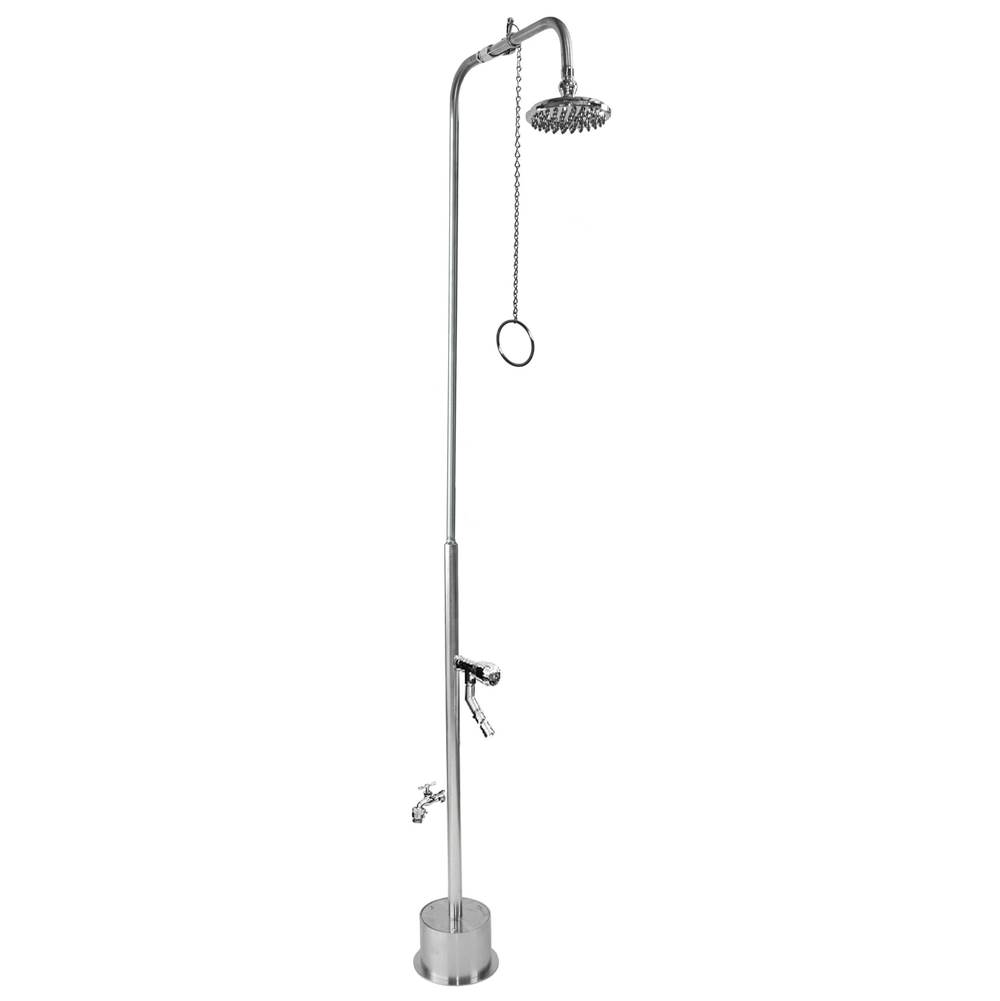 Outdoor Shower Free Standing Single Supply Shower - Pull Chain Valve, 8'' Shower Head, Hose Bibb, ADA Metered Foot Shower