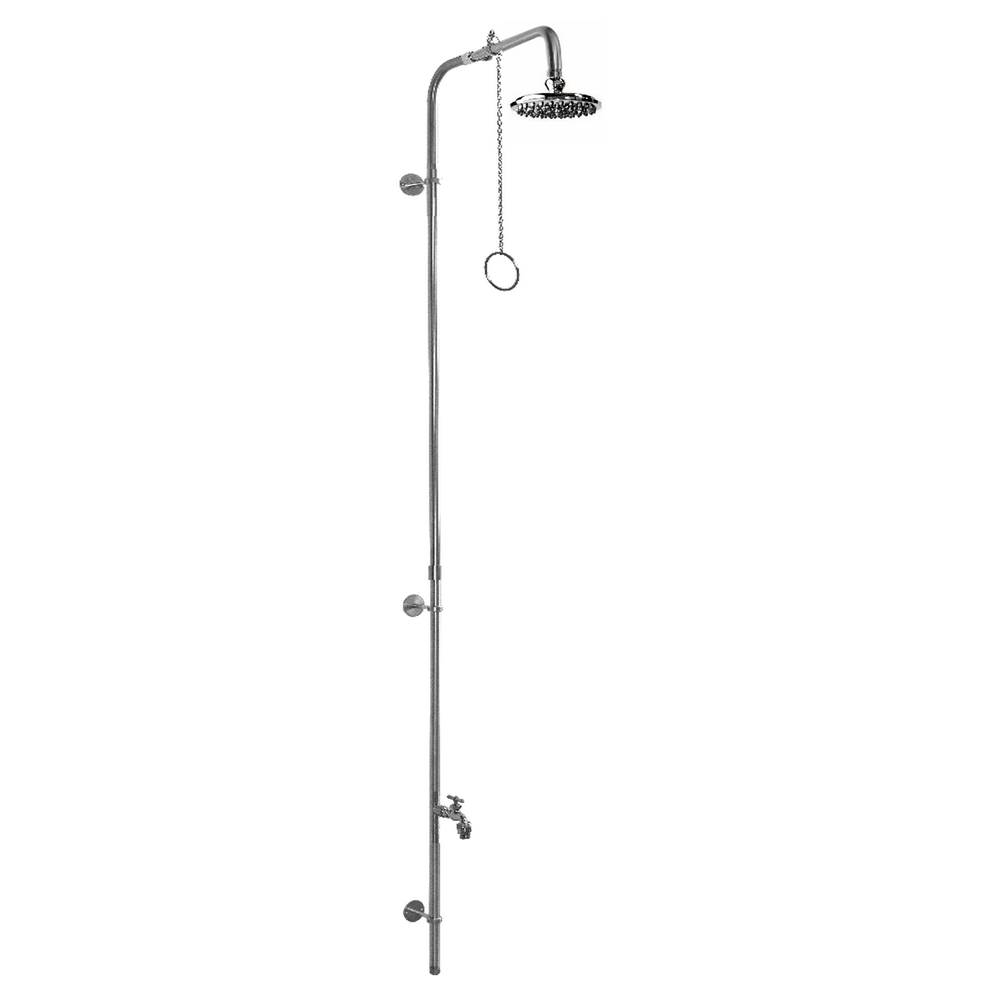 Outdoor Shower Wall Mount Single Supply Shower - Pull Chain Valve, 8'' Shower Head, Hose Bibb