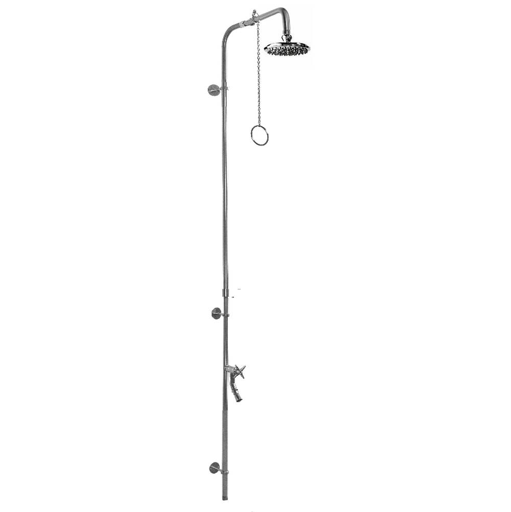 Outdoor Shower Wall Mount Single Supply Shower - Pull Chain Valve, 8'' Shower Head, Cross Handle Foot Shower