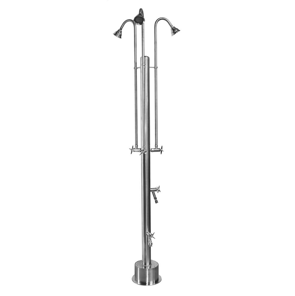 Outdoor Shower Free Standing Single Supply Shower - Cross Handle Valves, Three 3'' Shower Heads, Foot Shower, Hose Bibb