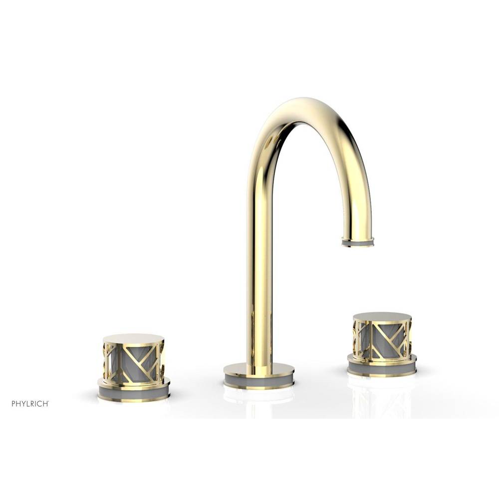 Phylrich Old English Brass Jolie Widespread Lavatory Faucet With Gooseneck Spout, Round Cutaway Handles, And Grey Accents - 1.2GPM
