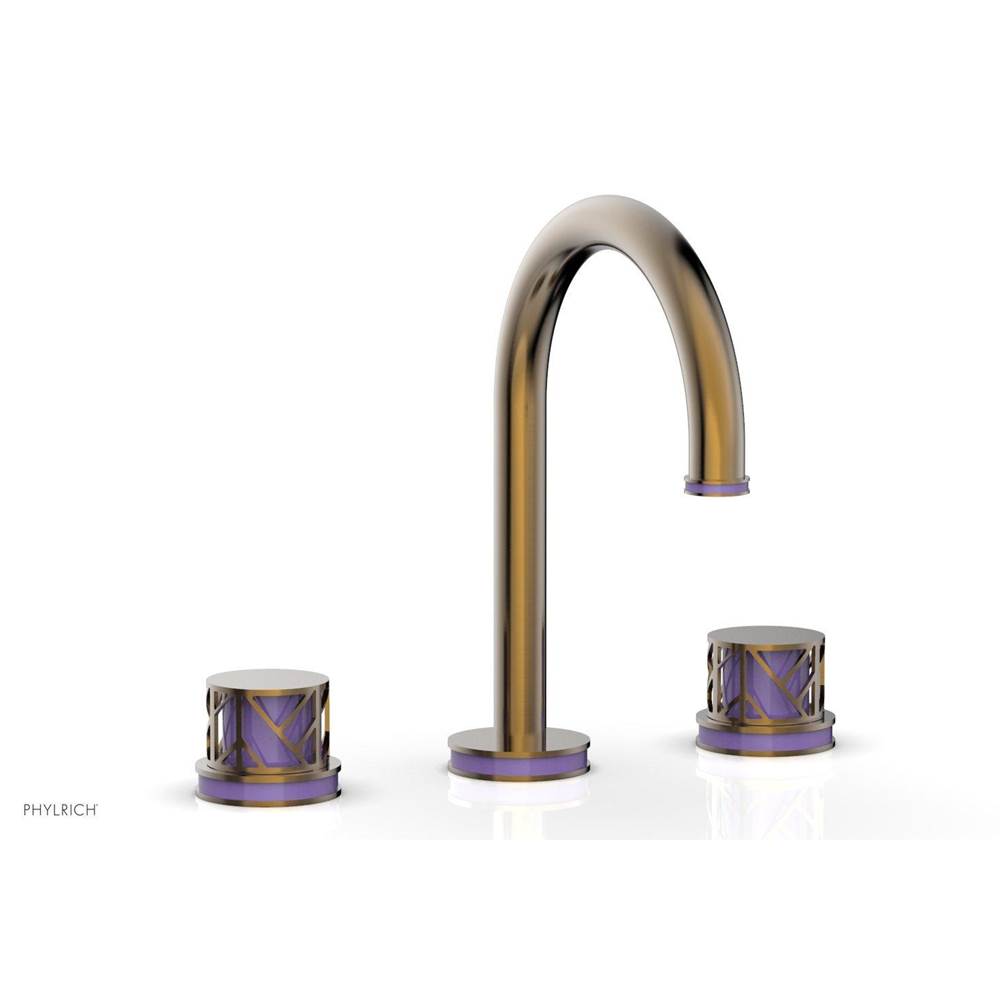 Phylrich Old English Brass Jolie Widespread Lavatory Faucet With Gooseneck Spout, Round Cutaway Handles, And Purple Accents - 1.2GPM