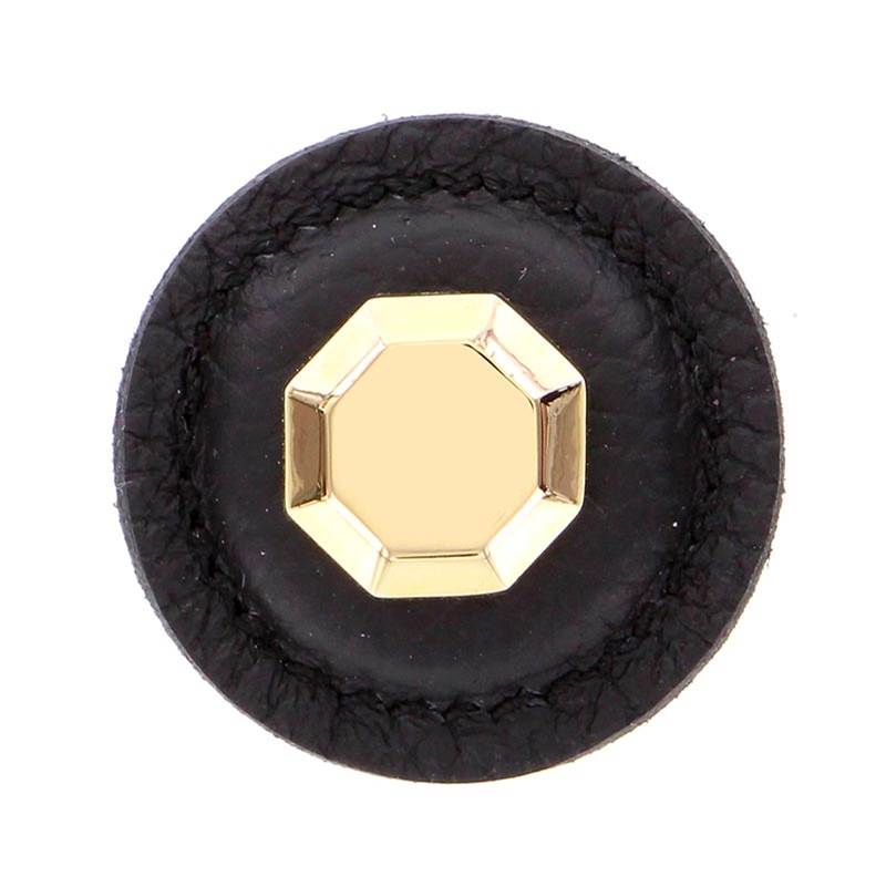 Vicenza Designs Archimedes, Knob, Large, Round Leather, Black, Polished Gold